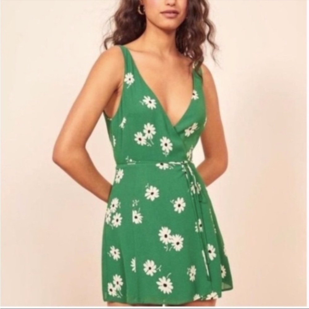 Reformation Green Daisy Print Mini Dress
